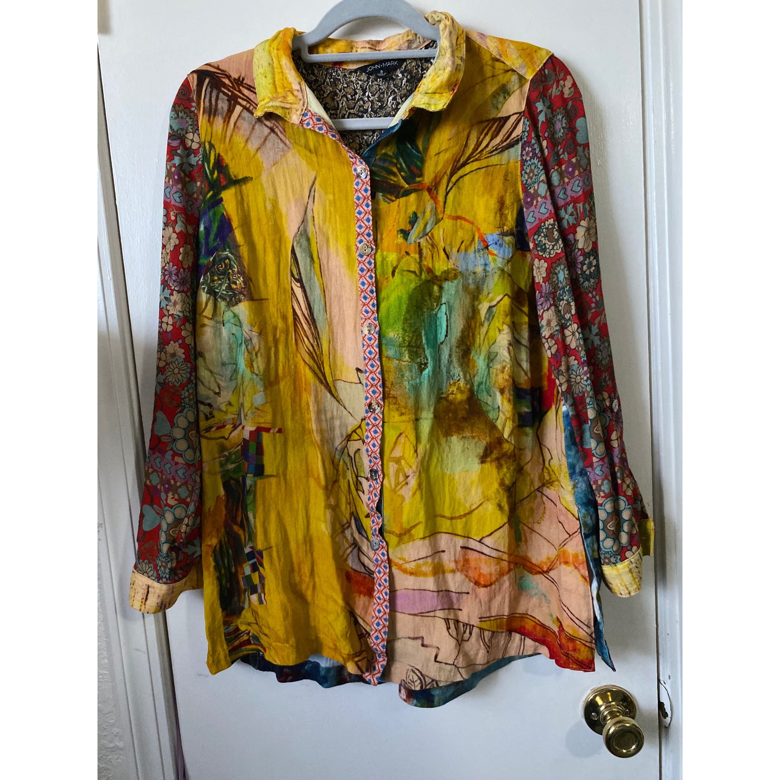 John Mark Mixed Print Abstract Floral Button Front Shirt Yellow Blue Womens S